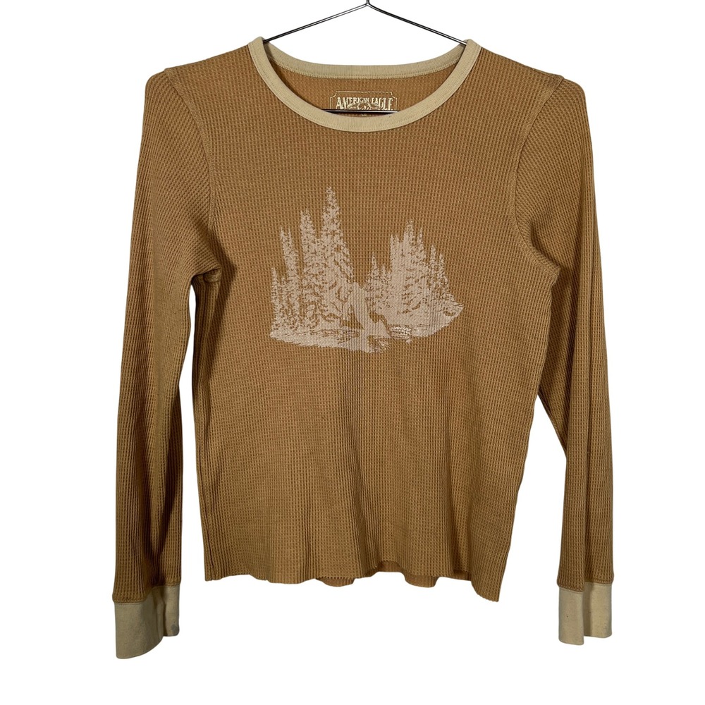 Retro Waffle Long Sleeve American Eagle Tan Graphic Top Ringer Large Gorpcore